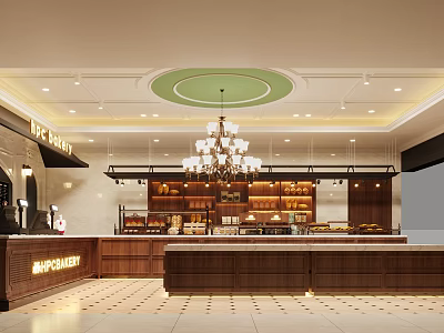 Mall Bakery Shop With Elegant Wooden Counters Chandelier And Bread Display Shelves 3d model