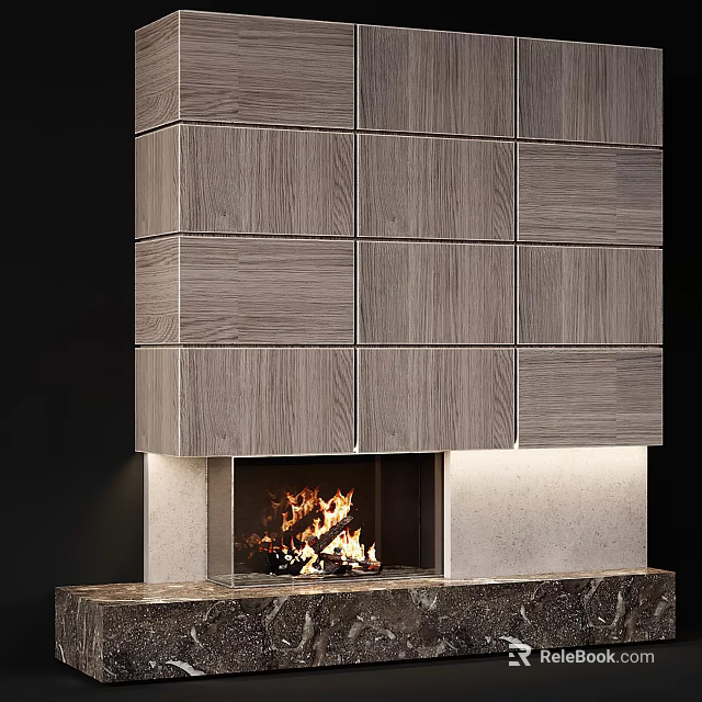 Modern Fireplace With Wooden Panels Marble Mantel And Burning Fire 3d model 