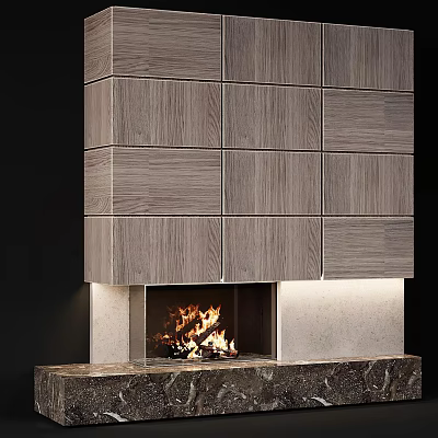 Modern Fireplace With Wooden Panels Marble Mantel And Burning Fire 3d model