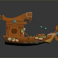 Cartoon Style Orange Water Vehicle With Small Cabin Plants Barrels And String Lights