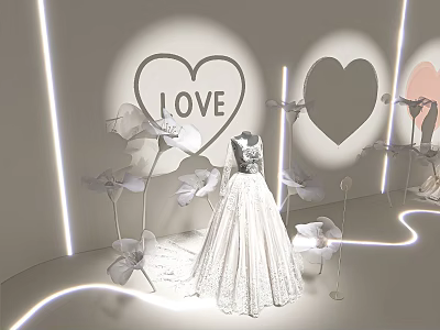 Wedding Dress Display With Heart Shapes LOVE Sign And White Floral Decorations 3d model