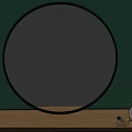 Round Black Framed Mirror on Green Wall with Wooden Shelf and Decorative Bottles
