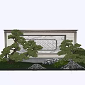Garden Feature Wall with Stone Texture Design Surrounded by Pine Trees Green Plants and Rocks 3d model