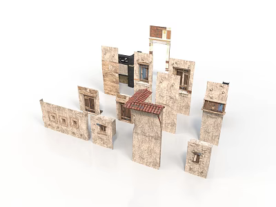 Stone Building Models With Various Styles Windows Doors And Roof Designs In Beige Brown Colors 3d model