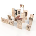 Stone Building Models With Various Styles Windows Doors And Roof Designs In Beige Brown Colors