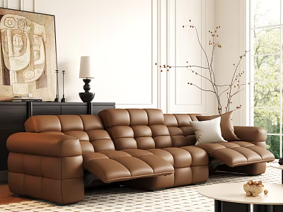 Brown Leather Sofa And Coffee Table Set With Cozy Modern Living Room Artwork Lamp Window 3d model