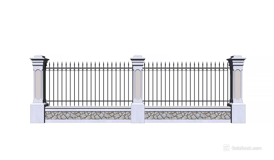 Ornate Metal Fence with Decorative Posts and Stone Base for Residential Outdoor Use 3d model 