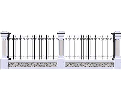 Ornate Metal Fence with Decorative Posts and Stone Base for Residential Outdoor Use 3d model