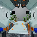 Futuristic Tech Interior Landscape With White Blue Walls Black Orange Pipes And Green Plants