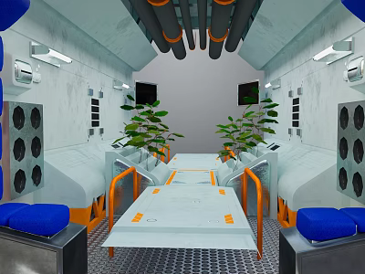 Futuristic Tech Interior Landscape With White Blue Walls Black Orange Pipes And Green Plants 3d model