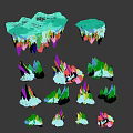 Scene Components With Black Rock Base And Blue Icy Crystals In Various Sizes Shapes