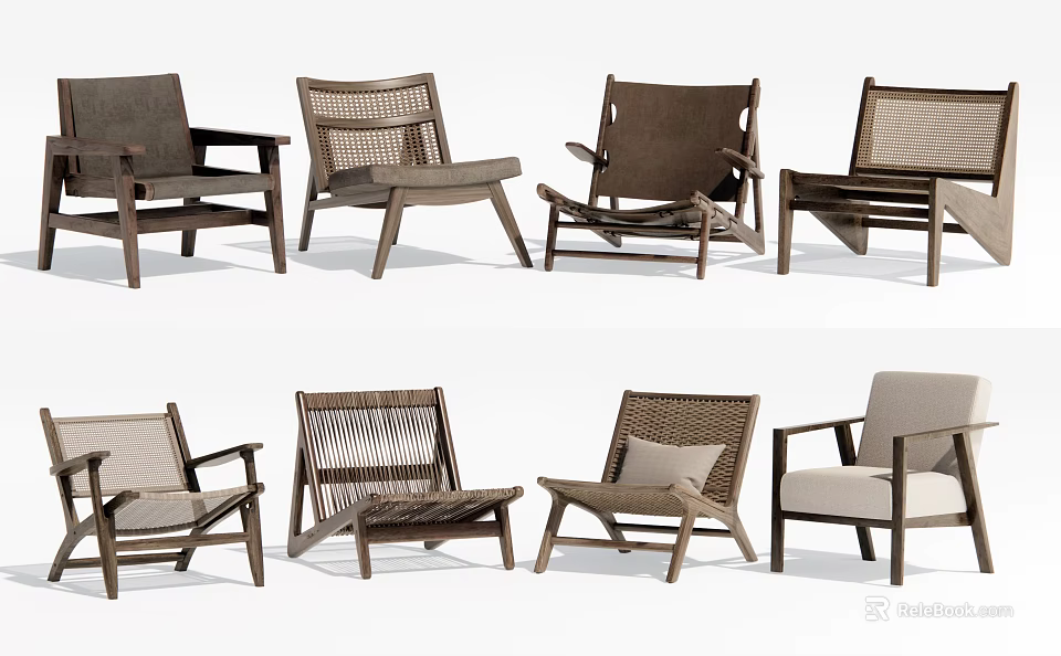 Various Styles Modern Leisure Chairs With Wooden Frame Rattan Details And Comfortable Cushions 3d model 