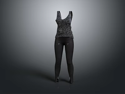 Stylish Women's Patterned Tank Top With High Waisted Black Leggings Outfit 3d model