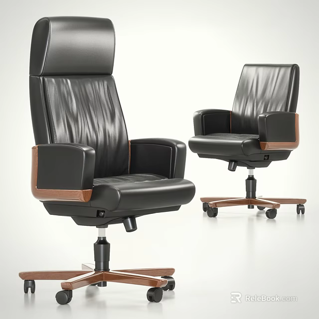 Modern Black Leather Office Chair With High Back Wooden Armrests And Caster Wheels 3d model 