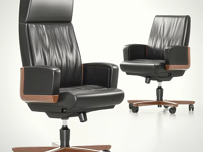 Modern Black Leather Office Chair With High Back Wooden Armrests And Caster Wheels 3d model