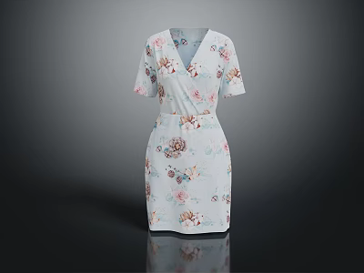 Light Blue Floral Pattern V Neck Short Sleeves Dress With Waist Tie Design 3d model