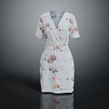 Light Blue Floral Pattern V Neck Short Sleeves Dress With Waist Tie Design