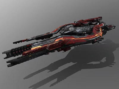 Futuristic Red and Black Sci Fi Spaceship with Complex Structure and Weapon Systems 3d model