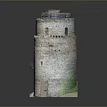 Ancient Stone Tower Scenery With Windows Battlements Green Grass At Base And Dark Background