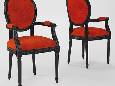 Elegant classic style armchairs with red velvet upholstered seats and black wooden frames 3d model