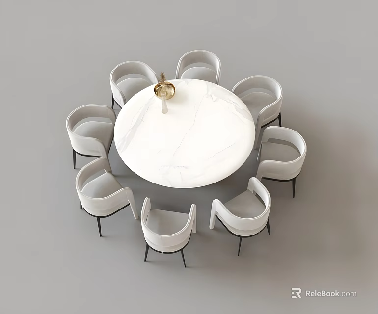 Round White Marble Dining Table Set With Eight Modern Minimalist White Chairs 3d model