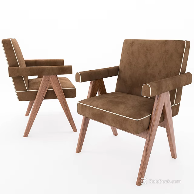 Two Brown Leisure Chairs With Fabric Upholstery Wooden Legs And Modern Design 3d model 