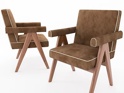 Two Brown Leisure Chairs With Fabric Upholstery Wooden Legs And Modern Design 3d model