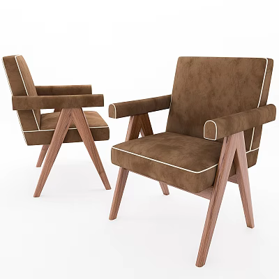 Two Brown Leisure Chairs With Fabric Upholstery Wooden Legs And Modern Design 3d model