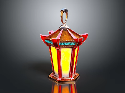 Traditional Chinese Furniture Decorative Lantern With Red Yellow Metal Frame And Hexagonal Base 3d model