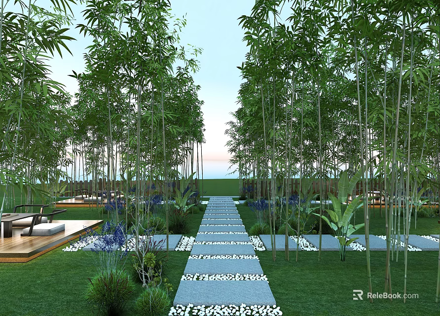 Serene Bamboo Garden With Stone Path Lush Lawn And Seating Area 3d model 