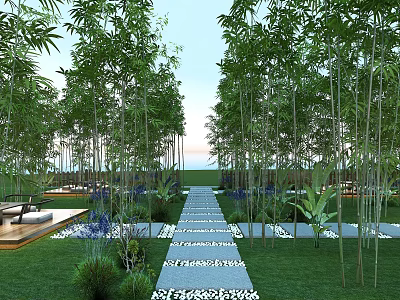 Serene Bamboo Garden With Stone Path Lush Lawn And Seating Area 3d model