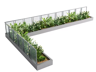 Lush Plant Combination in Concrete Planter with Glass Railing Green Foliage and White Flowers 3d model