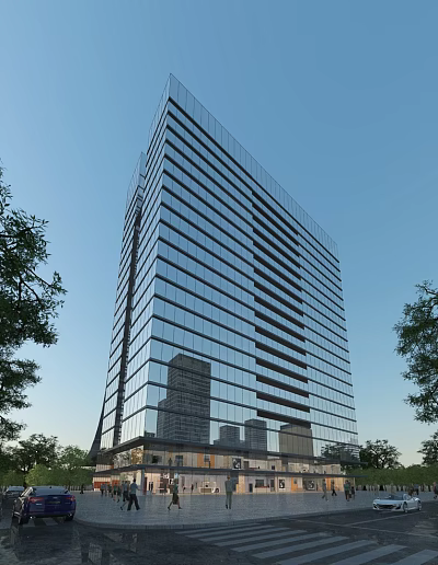 Modern High Rise Office Building With Glass Curtain Wall And Urban View 3d model