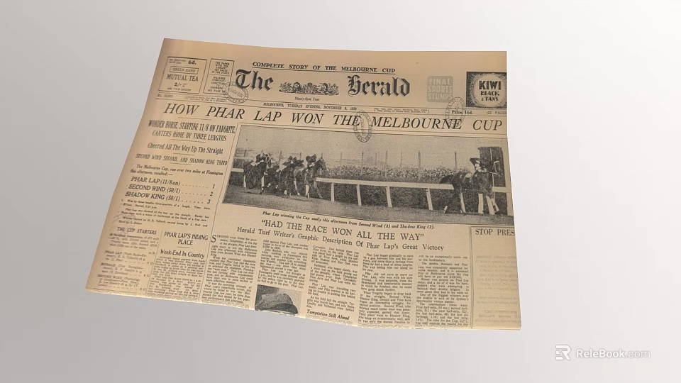 Vintage The Herald Newspaper Featuring Pearl Lap Melbourne Cup Horse Race Report 3d model 