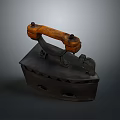 Antique Vintage Iron Appliance With Wooden Handle And Metal Base Features