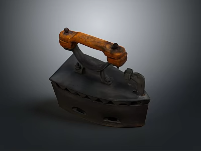 Antique Vintage Iron Appliance With Wooden Handle And Metal Base Features 3d model