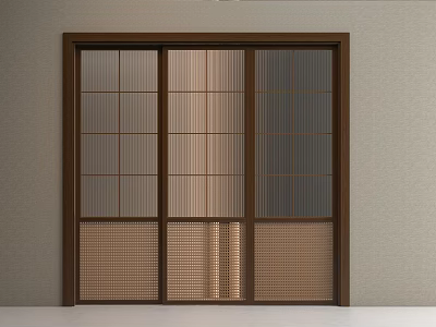 Japanese Style Sliding Door with Wooden Frame and Grid Patterned Glass on Light Wall 3d model