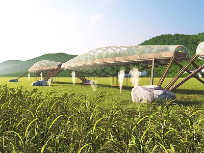 Modern Curved Architectural Structure With Glass Roof Surrounded By Green Hills And Lush Field 3d model