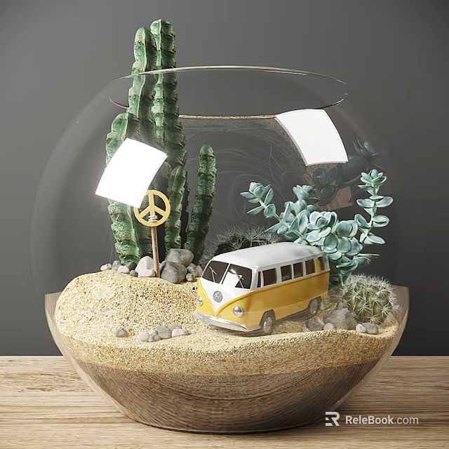 Transparent Spherical Vase with Cactus Succulents Peace Sign Yellow Mini Bus Model Sand and Stones 3d model 