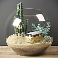 Transparent Spherical Vase with Cactus Succulents Peace Sign Yellow Mini Bus Model Sand and Stones