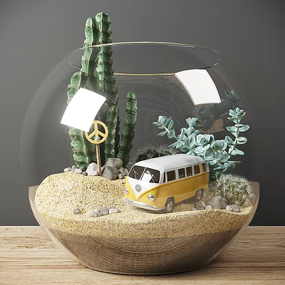 Transparent Spherical Vase with Cactus Succulents Peace Sign Yellow Mini Bus Model Sand and Stones 3d model