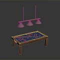Wooden Billiard Table Interior With Three Hanging Lights And Billiard Balls