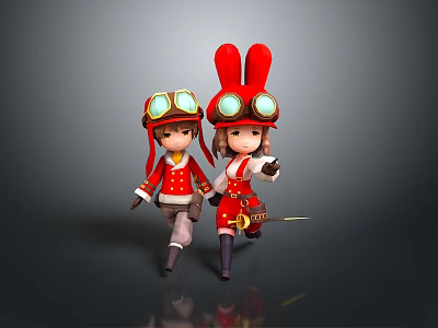 Cartoon Characters In Red Outfits With Goggle Hats And Rabbit Ears 3d model