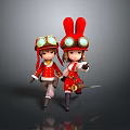 Cartoon Characters In Red Outfits With Goggle Hats And Rabbit Ears