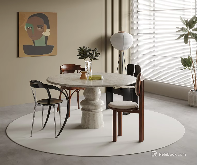 Marble Round Dining Table Set With Pedestal Base Mixed Style Chairs Artwork Lamp And Plants 3d model 