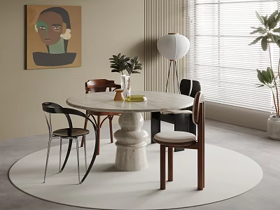 Marble Round Dining Table Set With Pedestal Base Mixed Style Chairs Artwork Lamp And Plants 3d model