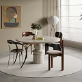 Marble Round Dining Table Set With Pedestal Base Mixed Style Chairs Artwork Lamp And Plants