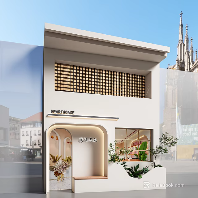 White Storefront Design With Arched Entrance HEARTPLACE Signboard And Plant Decorations 3d model 