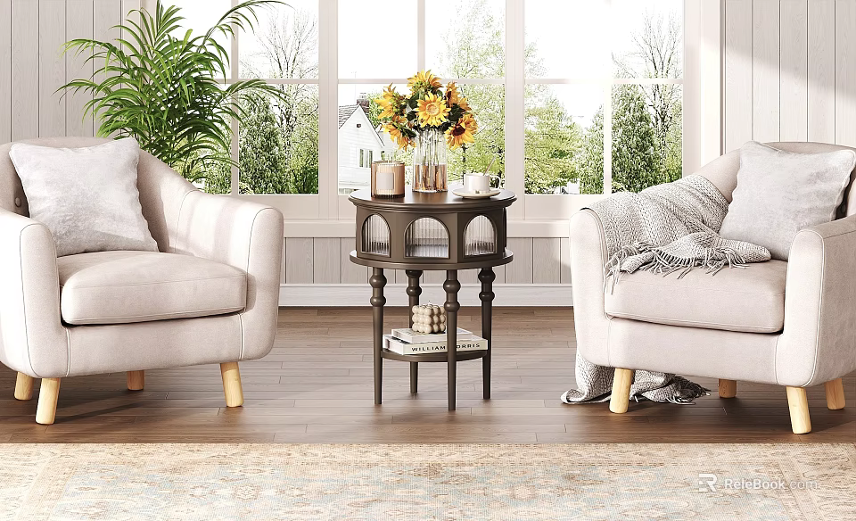 Modern Living Room Interior With Beige Sofas Dark Coffee Table Yellow Flowers And Large Windows 3d model 