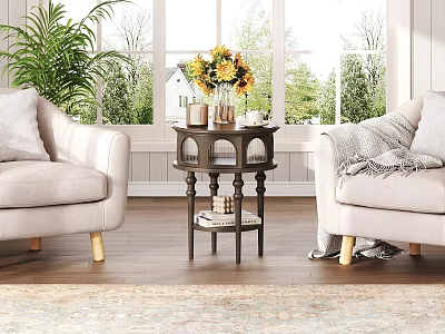 Modern Living Room Interior With Beige Sofas Dark Coffee Table Yellow Flowers And Large Windows 3d model